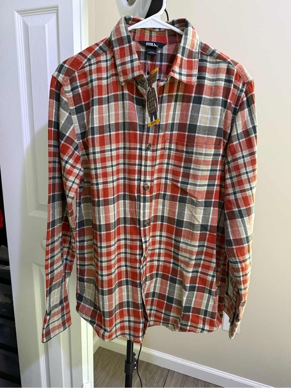 Eddie Bauer Red, Cream and Brown Plaid Button-Down Shirt